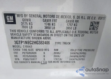 2017 GMC Sierra 1500 Slt из США, поврежденный, VIN 3GTP1NEC2HG382406